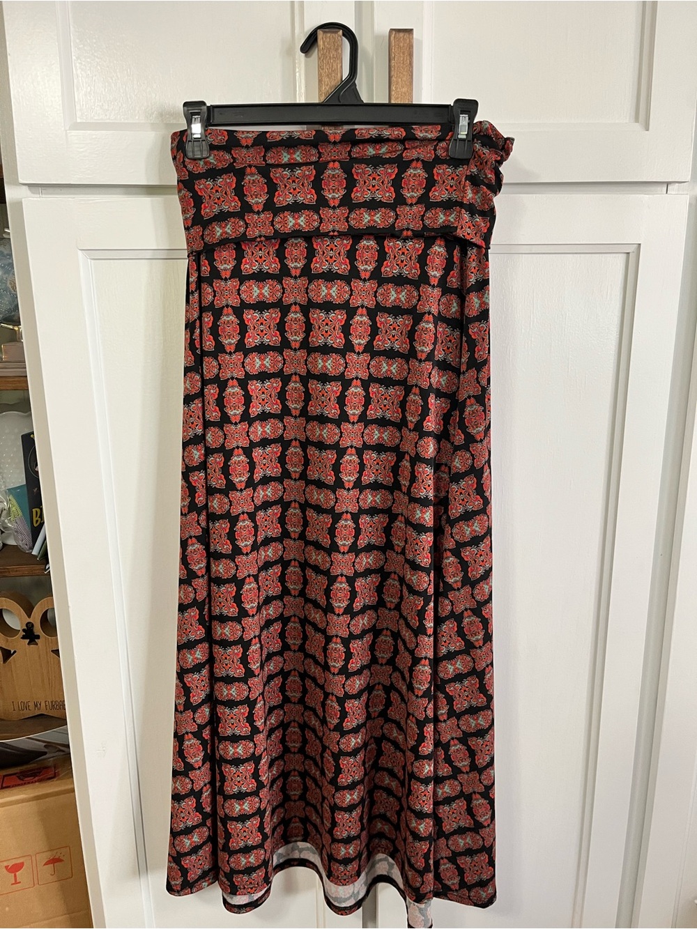 LuLaRoe Black and Red Geometric Floral Maxi Skirt